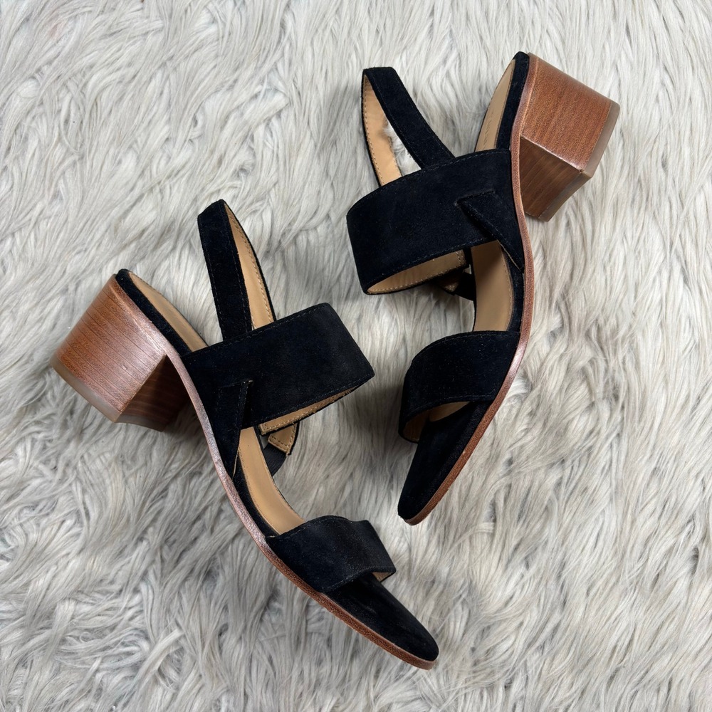 Soludos Women's 7 Black Suede Sling Back Block Heel Sandals Classic Minimalist